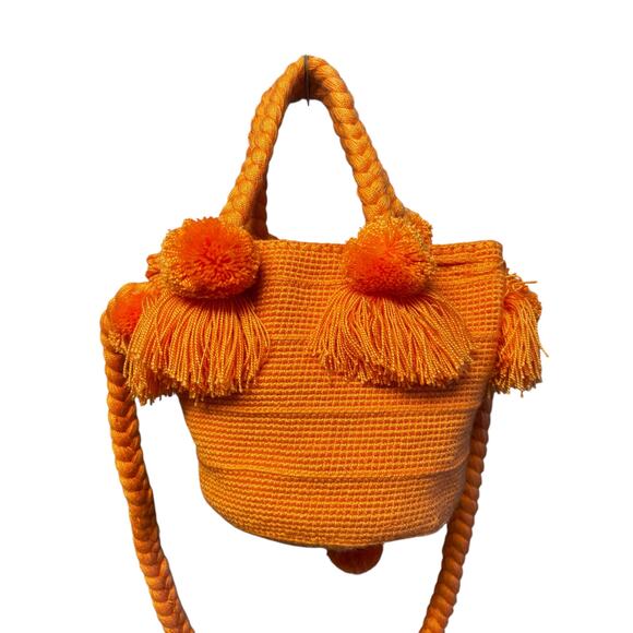 Sensi Studio Orange Shoulder Tote Bag Pom Pom Tassel Woven Picnic Vacation - Picture 3 of 7